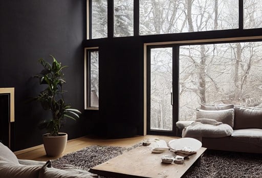 An image of a wall of custom luxury glass picture windows showcasing the beautiful snowfall outdoors.